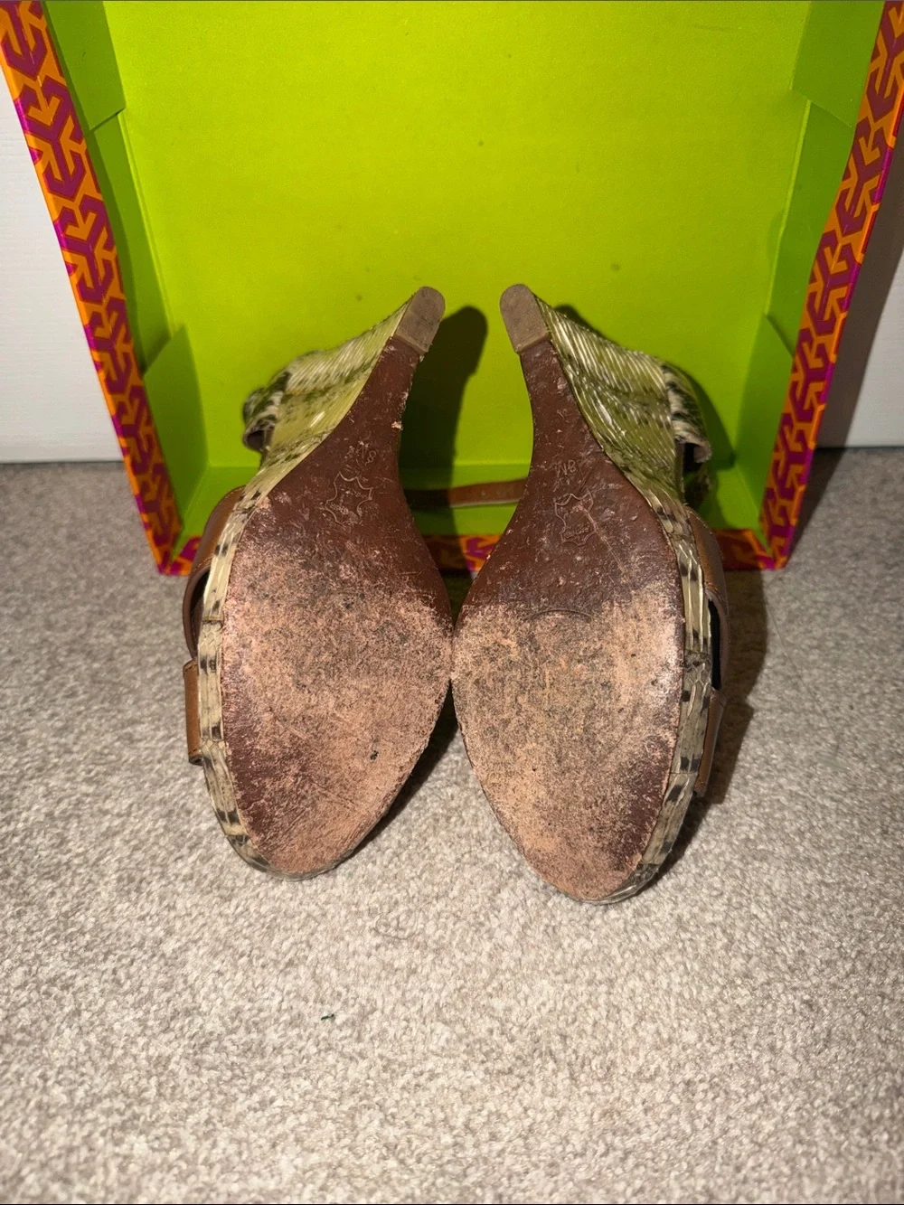 Tory Burch Brown Leather Wedges with Snake-Print Accents